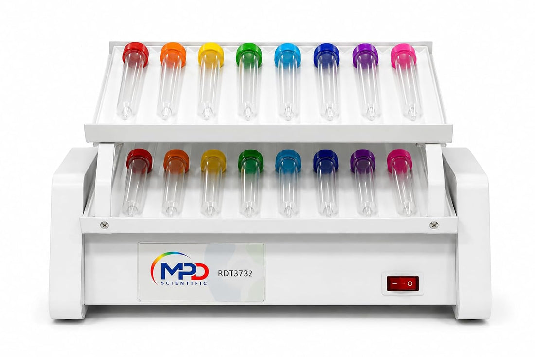 A white scientific tube rocker with two angled racks holding clear plastic tubes, each fitted with a brightly colored cap in red, orange, yellow, green, blue, purple, and pink. The front panel shows the logo 'MPD SCIENTIFIC' and a red power switch.