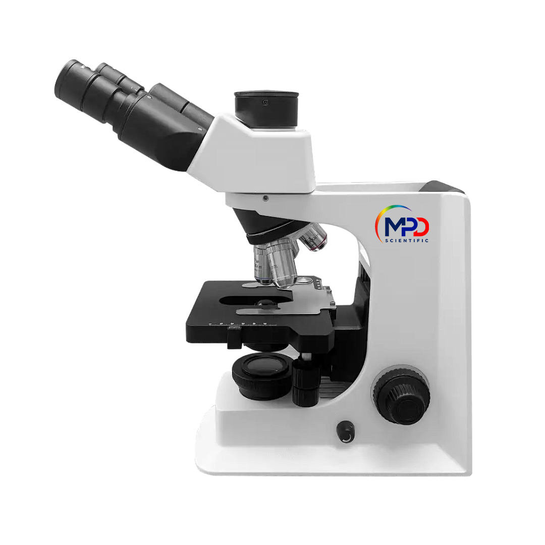 Microscope with a MPD logo on a white background
