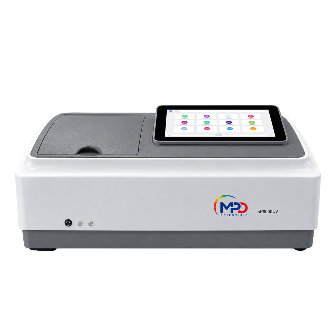 A white and gray spectrophotometer with a built-in touchscreen display on top, featuring the 'MPD science' logo on the front right side.